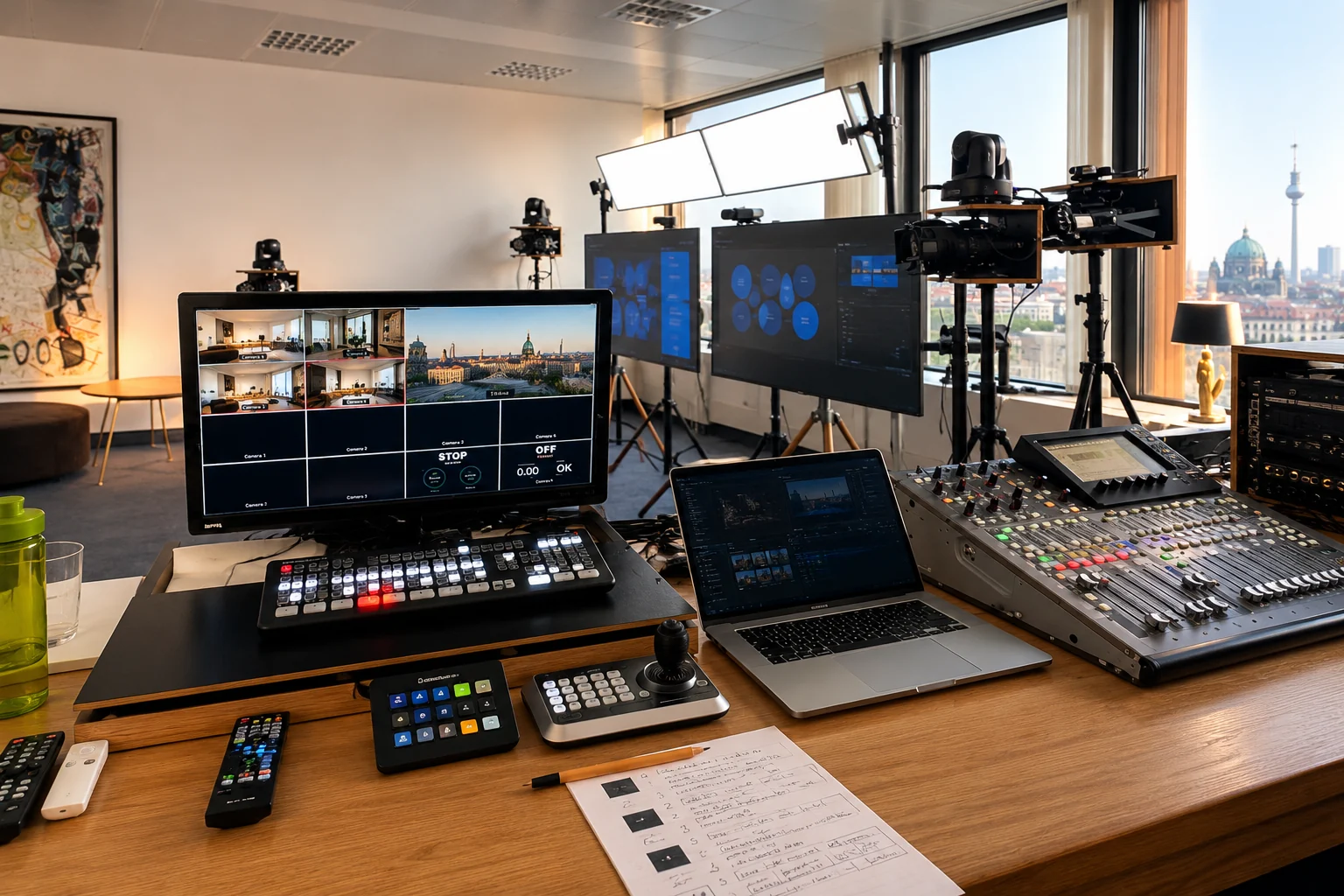 Mobile Videoregie mit Mischpult, Kameras, Vorschaumonitoren und Lichttechnik ohne Personen